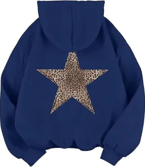 Womens Oversized Hoodies Leopard Star Print Y2k Hooded Sweatshirt Trendy Vintage Unisex Pullover Tops with Pocket