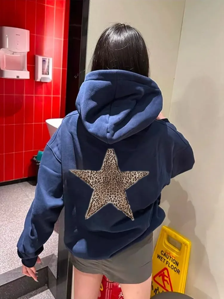 Womens Oversized Hoodies Leopard Star Print Y2k Hooded Sweatshirt Trendy Vintage Unisex Pullover Tops with Pocket