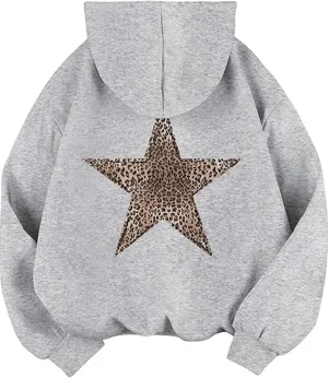 Womens Oversized Hoodies Leopard Star Print Y2k Hooded Sweatshirt Trendy Vintage Unisex Pullover Tops with Pocket