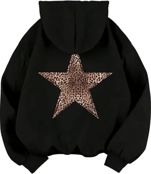 Womens Oversized Hoodies Leopard Star Print Y2k Hooded Sweatshirt Trendy Vintage Unisex Pullover Tops with Pocket