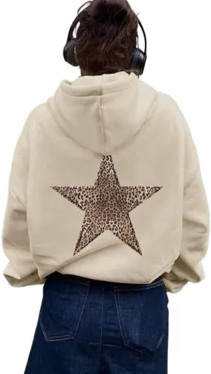 Womens Oversized Hoodies Leopard Star Print Y2k Hooded Sweatshirt Trendy Vintage Unisex Pullover Tops with Pocket