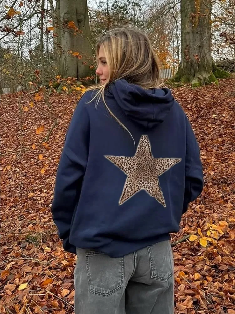 Womens Oversized Hoodies Leopard Star Print Y2k Hooded Sweatshirt Trendy Vintage Unisex Pullover Tops with Pocket