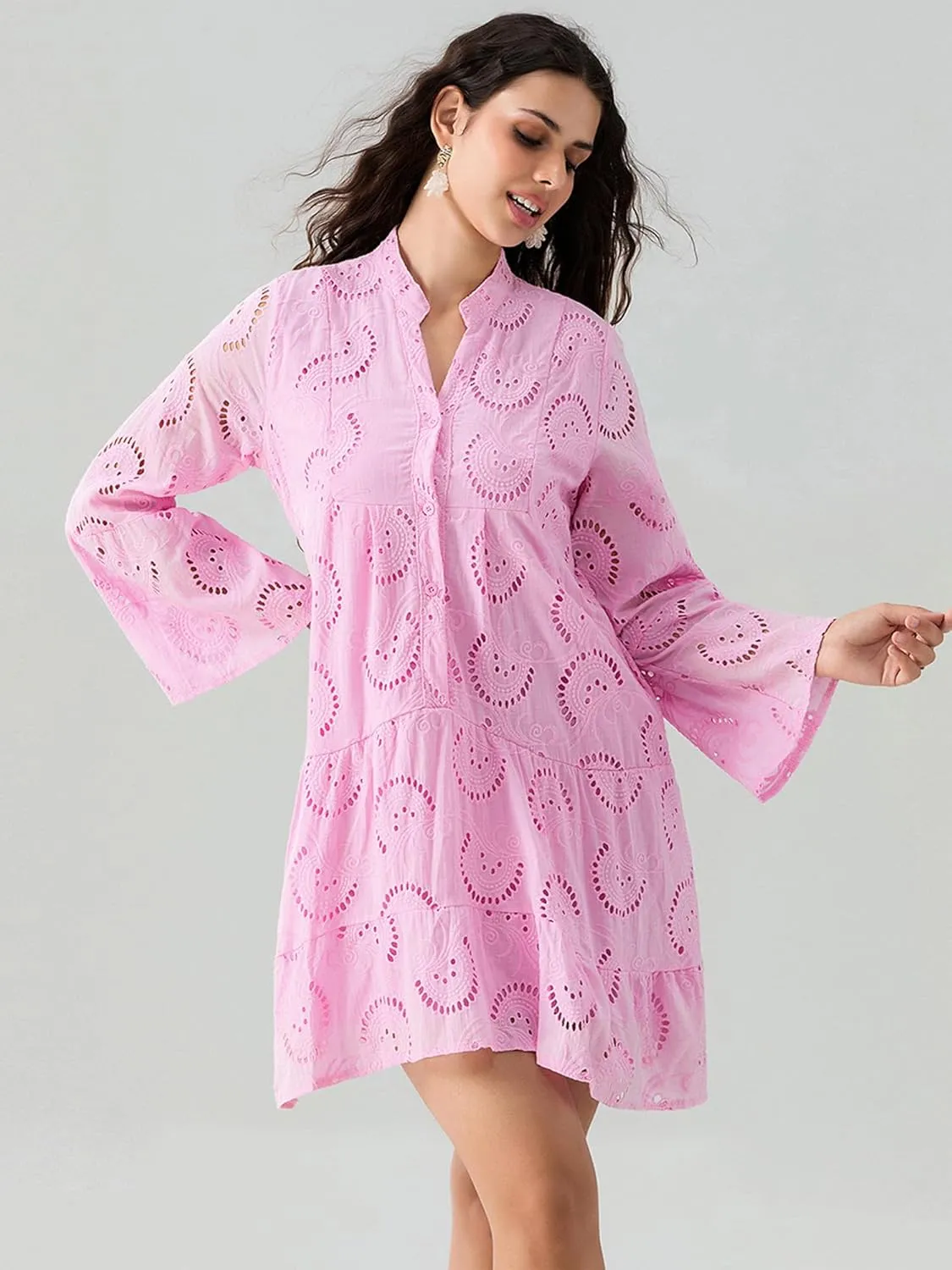 Womens Ruffles Boho Dress Floral Eyelet Embroidery Lace Babydoll Loose Swing Long Sleeve Button Short Mini Dress