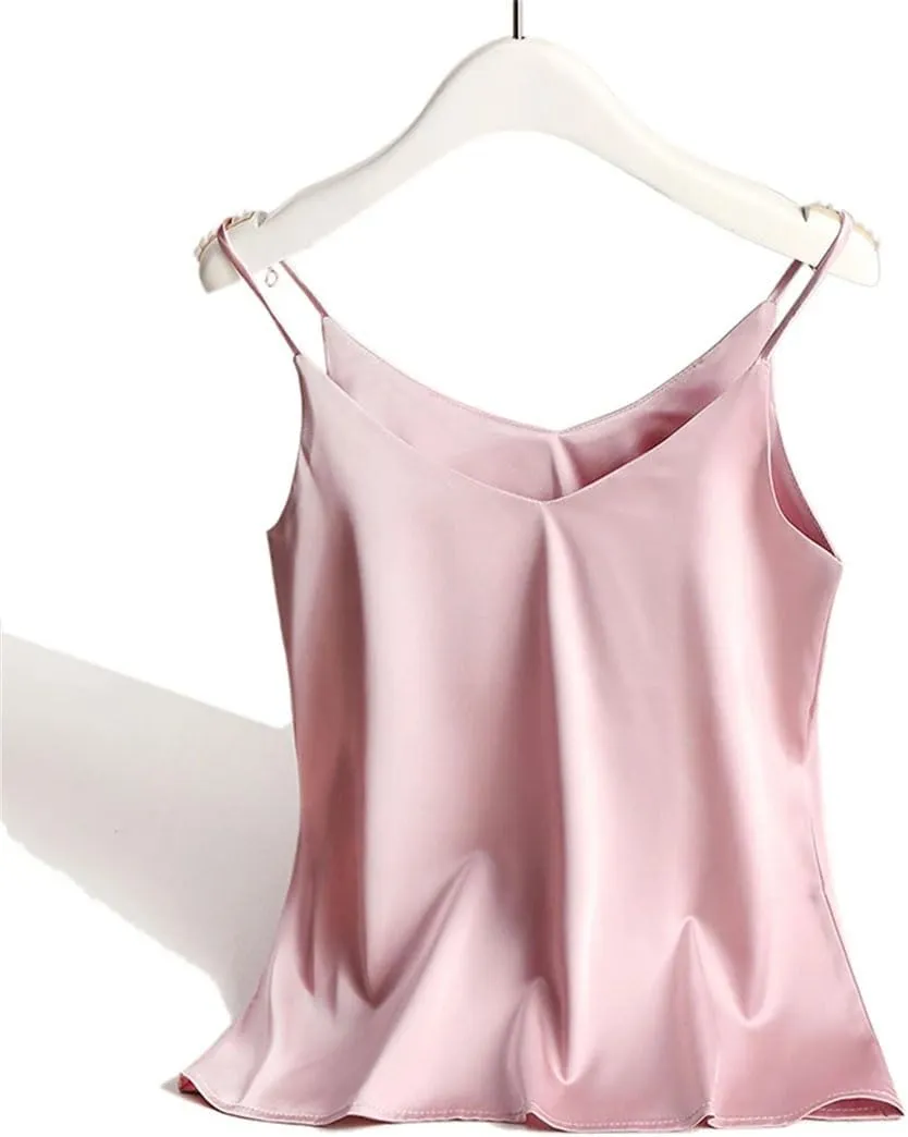 Women's Satin Spaghetti Strap Top V Neck Basic Sleeveless Silk Tank for Spring Summer Female Camisoles