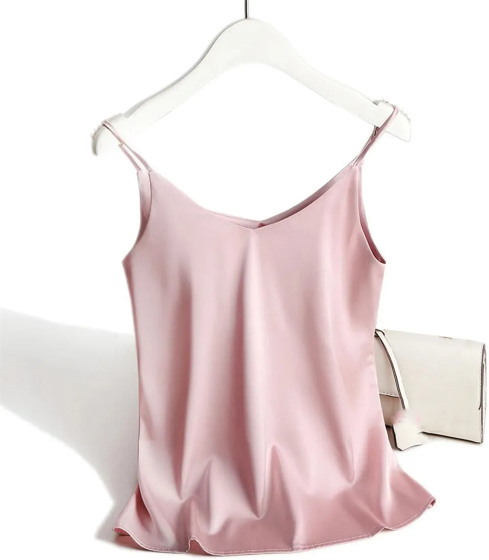 Women's Satin Spaghetti Strap Top V Neck Basic Sleeveless Silk Tank for Spring Summer Female Camisoles