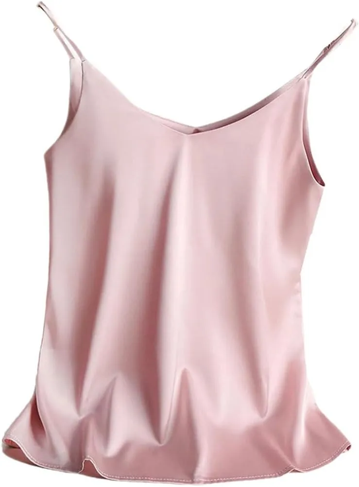 Women's Satin Spaghetti Strap Top V Neck Basic Sleeveless Silk Tank for Spring Summer Female Camisoles