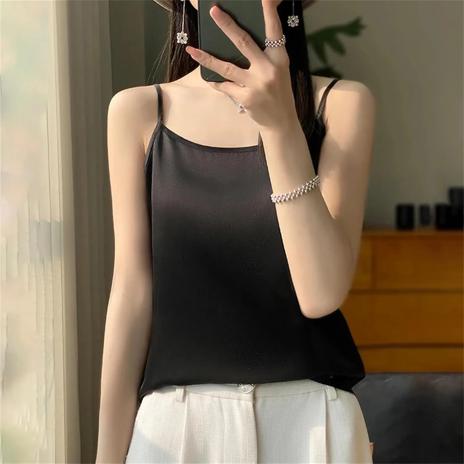 Women's Satin Strap Tank Top  Soft Silky Sleeveless Blouse Sexy Summer Camisole Vest