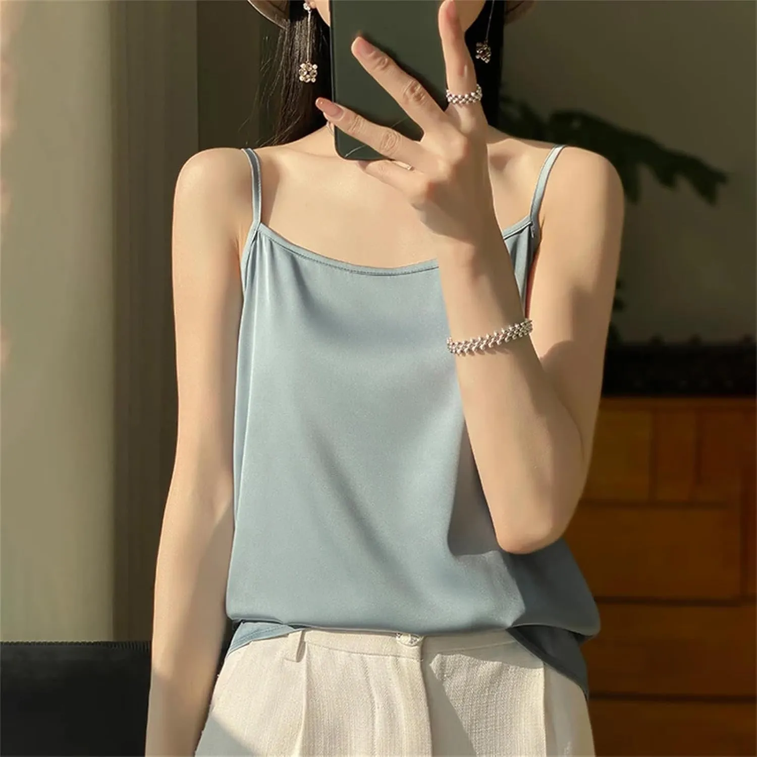 Women's Satin Strap Tank Top  Soft Silky Sleeveless Blouse Sexy Summer Camisole Vest