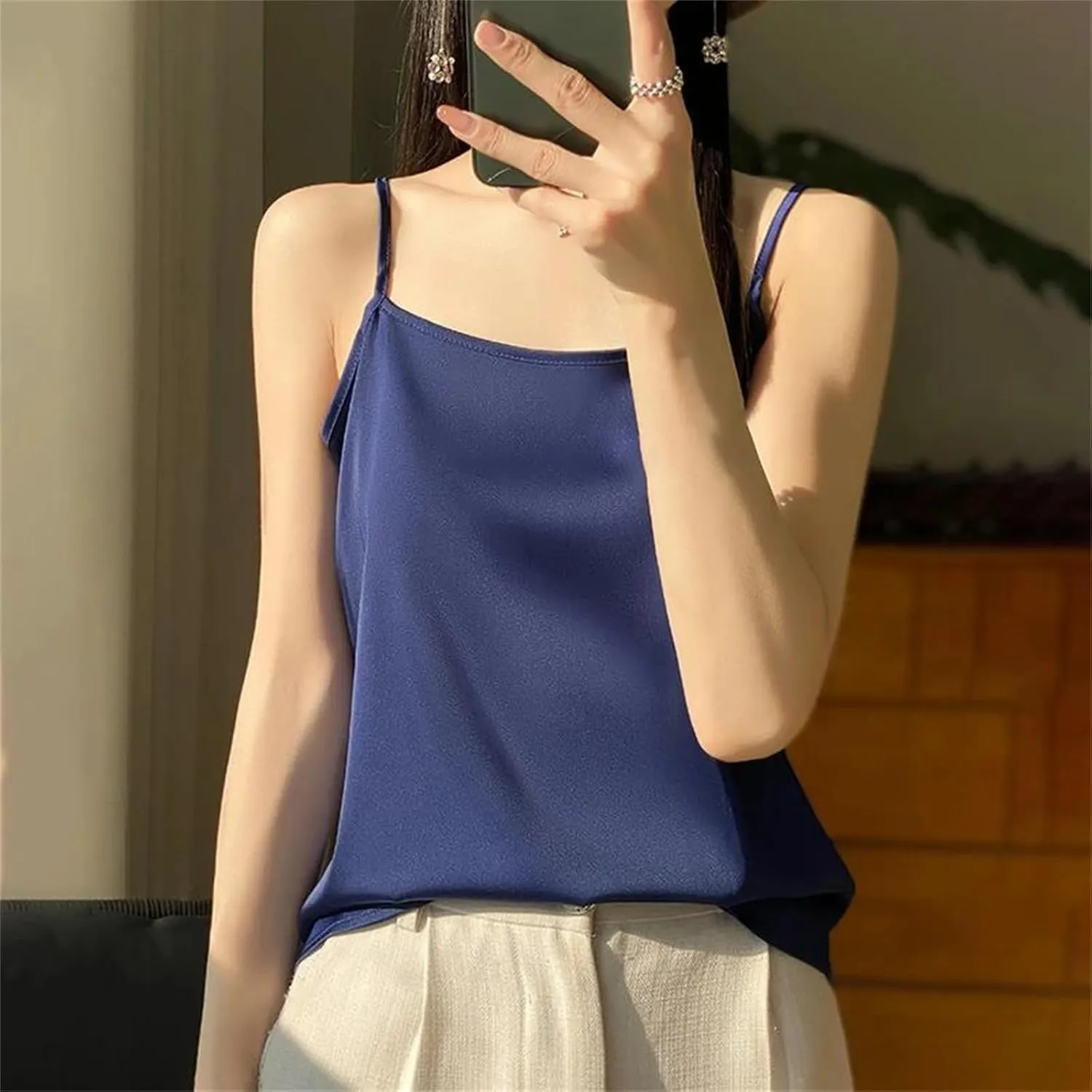 Women's Satin Strap Tank Top  Soft Silky Sleeveless Blouse Sexy Summer Camisole Vest