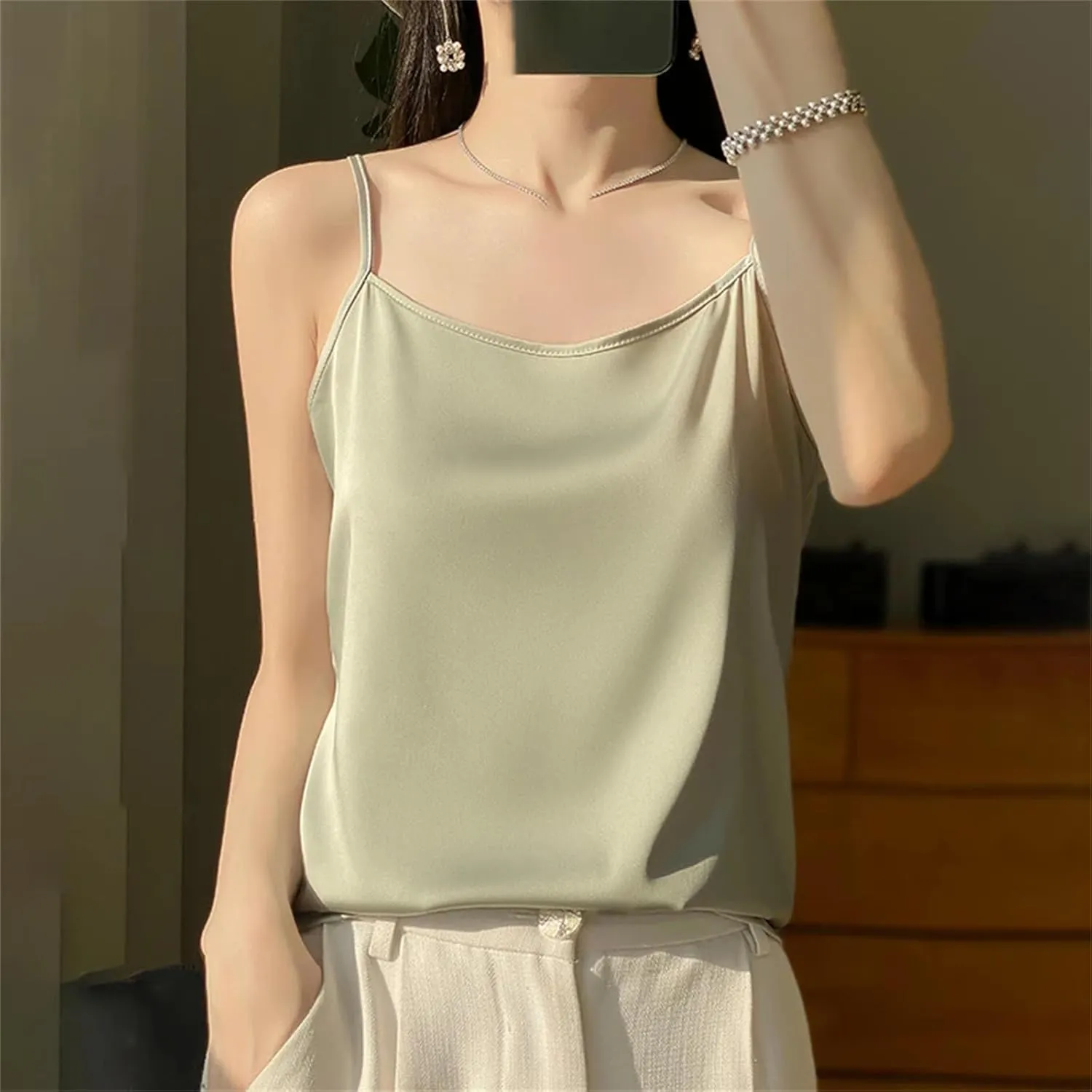 Women's Satin Strap Tank Top  Soft Silky Sleeveless Blouse Sexy Summer Camisole Vest