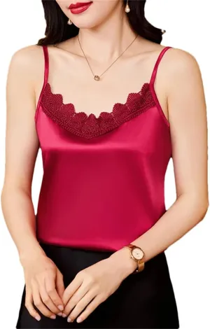 Women's Sexy Silk Satin Tank Tops Camisole Spring Summer V-Neck Patchwork Vest Shirt