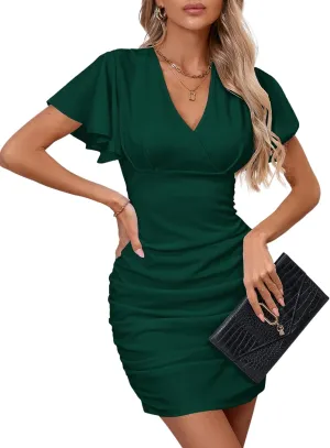 Women's Sexy V Neck Ruffle Sleeve Bodycon Mini Cocktail Party Dress Casual Short Sleeve Work Dress
