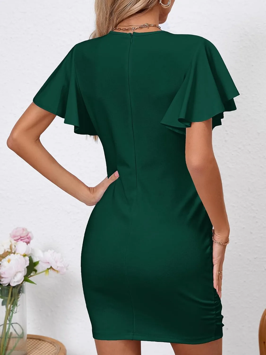 Women's Sexy V Neck Ruffle Sleeve Bodycon Mini Cocktail Party Dress Casual Short Sleeve Work Dress