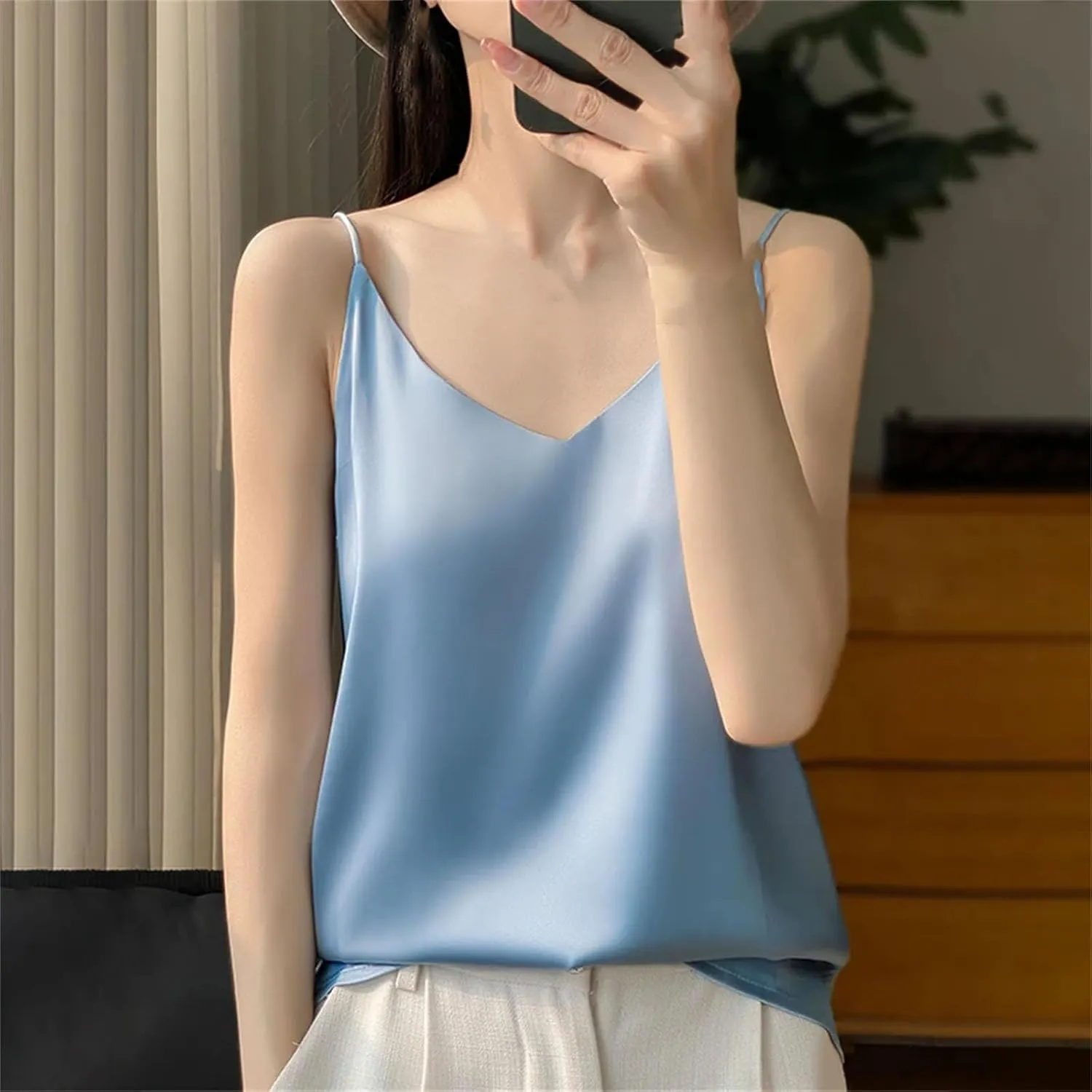 Women's Silky Camisole Sleeveless Top Satin Work Vest Casual Cami Shirt