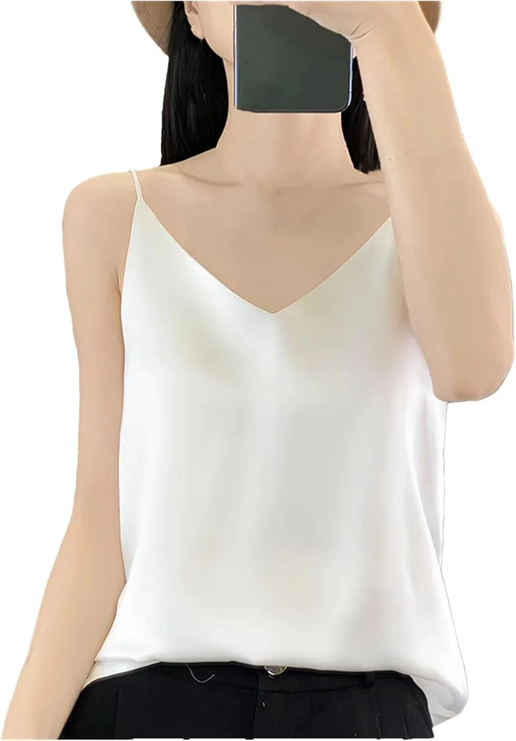 Women's Silky Camisole Sleeveless Top Satin Work Vest Casual Cami Shirt