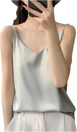 Women's Silky Camisole Sleeveless Top Satin Work Vest Casual Cami Shirt