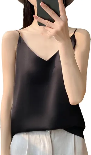 Women's Silky Camisole Sleeveless Top Satin Work Vest Casual Cami Shirt