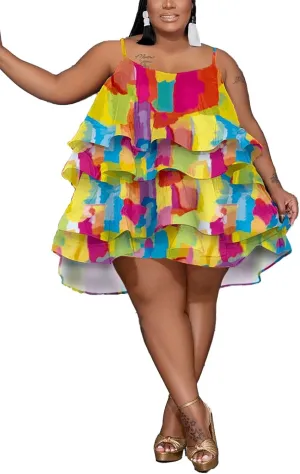 Womens Sleeveless Ruffle Mini Dress Plus Size Summer Casual Loose Floral Bubble Dress