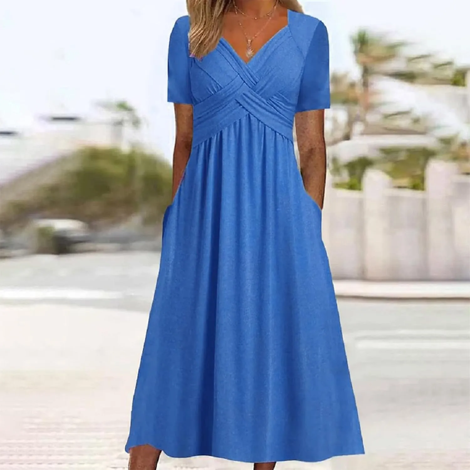 Womens Spring Summer Dresses for Wedding Guest, Casual Plus Size Cross Short Sleeve Tiered Maxi Dress with Pockets