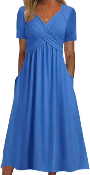 Womens Spring Summer Dresses for Wedding Guest, Casual Plus Size Cross Short Sleeve Tiered Maxi Dress with Pockets