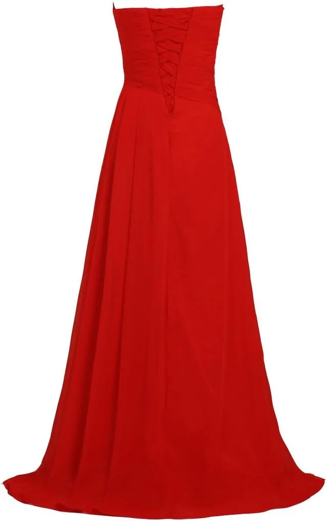 Women's Strapless Long Bridesmaid Dresses Chiffon Wedding Prom Gown