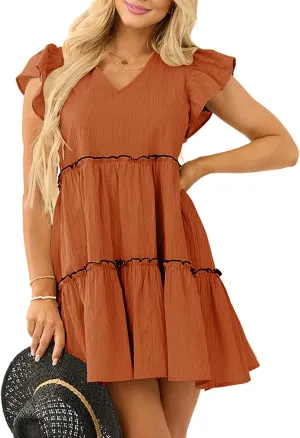 Womens Summer Babydoll Mini Dress V Neck Tie Back Ruffle Sleeve Casual Tiered Loose Flowy Swing Tunic Shift Dress