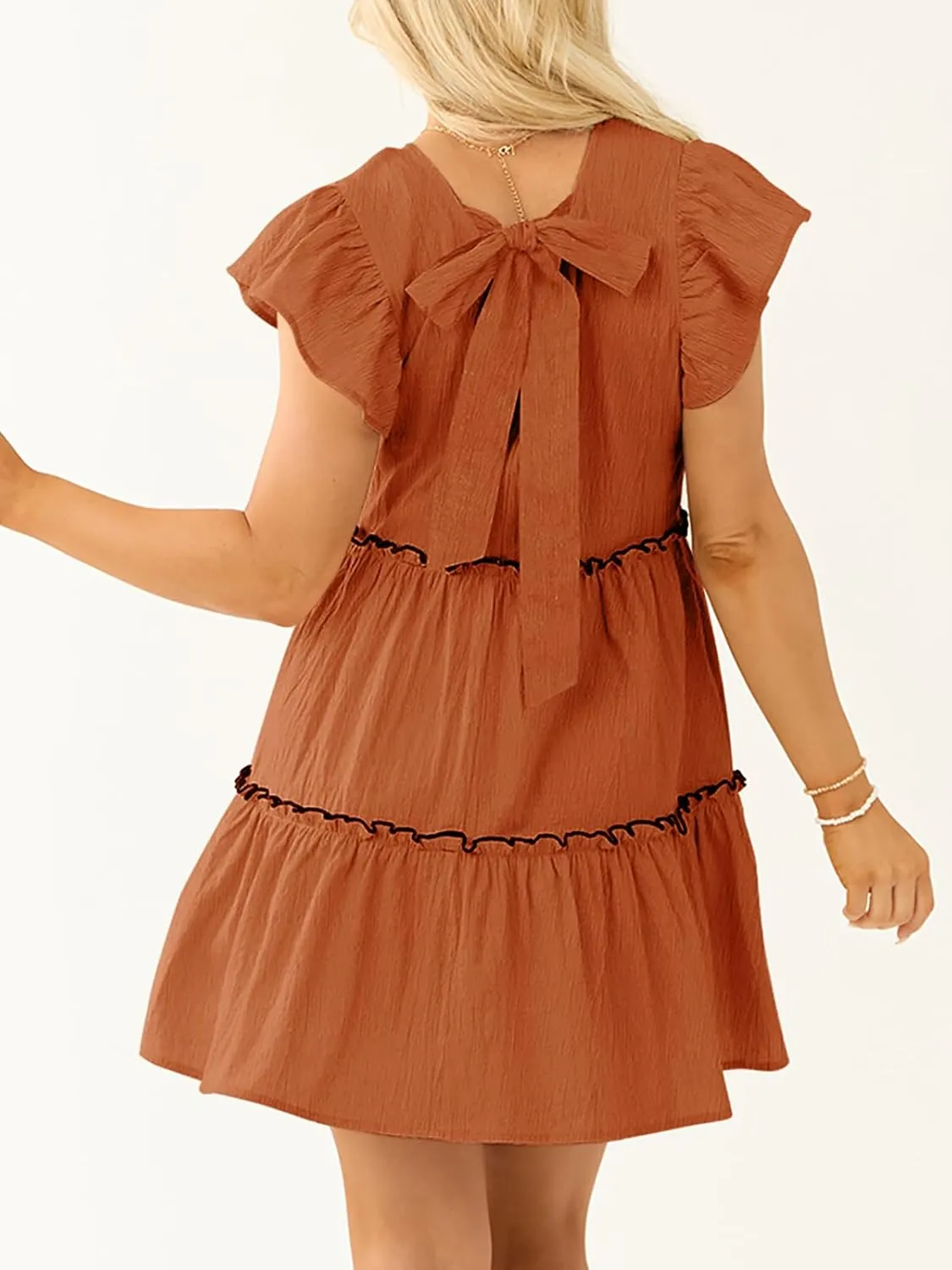Womens Summer Babydoll Mini Dress V Neck Tie Back Ruffle Sleeve Casual Tiered Loose Flowy Swing Tunic Shift Dress