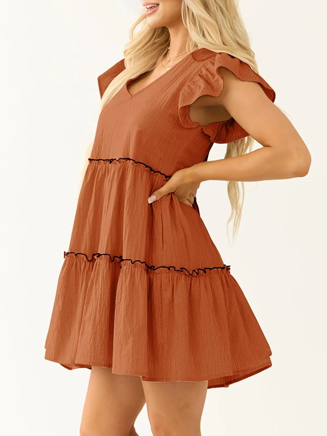 Womens Summer Babydoll Mini Dress V Neck Tie Back Ruffle Sleeve Casual Tiered Loose Flowy Swing Tunic Shift Dress
