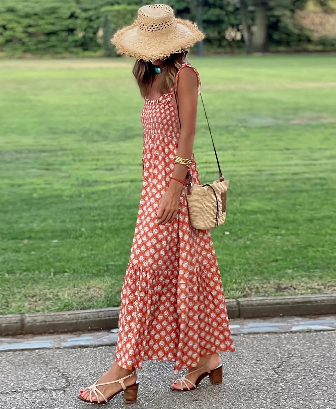 Women's Summer Boho Spaghetti Strap Square Neck Beach Sun Dress Sleeveless Floral Print Maxi Dress