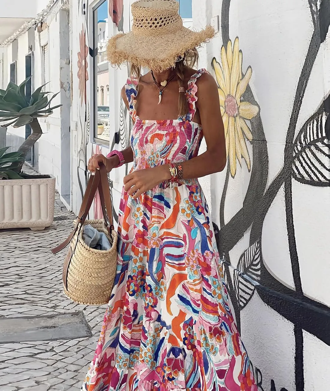 Women's Summer Boho Spaghetti Strap Square Neck Beach Sun Dress Sleeveless Floral Print Maxi Dress