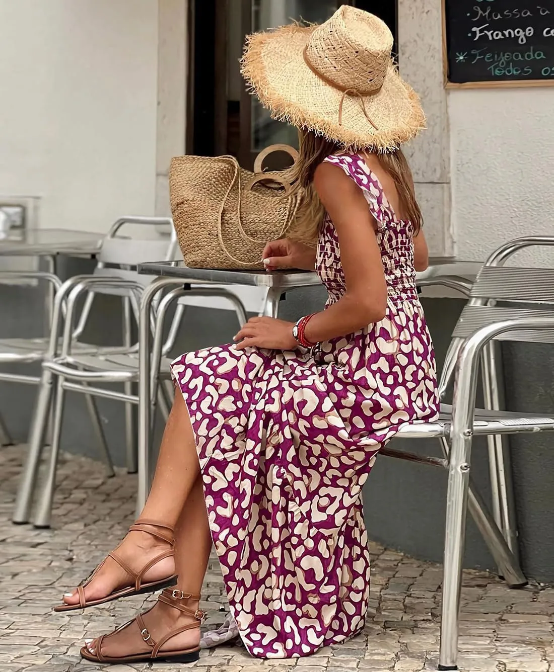 Women's Summer Boho Spaghetti Strap Square Neck Beach Sun Dress Sleeveless Floral Print Maxi Dress