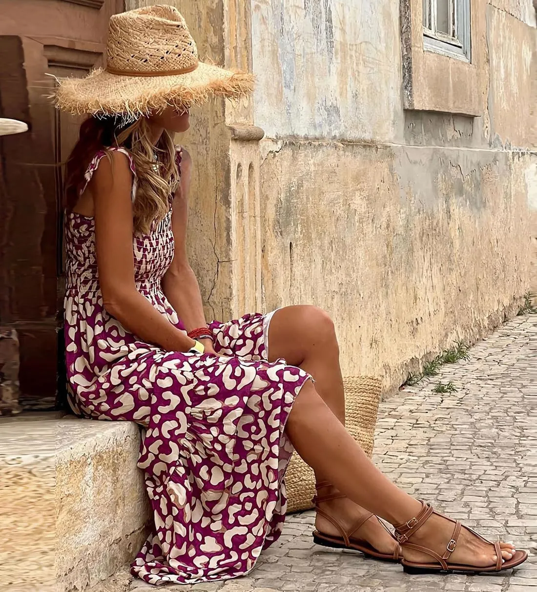 Women's Summer Boho Spaghetti Strap Square Neck Beach Sun Dress Sleeveless Floral Print Maxi Dress