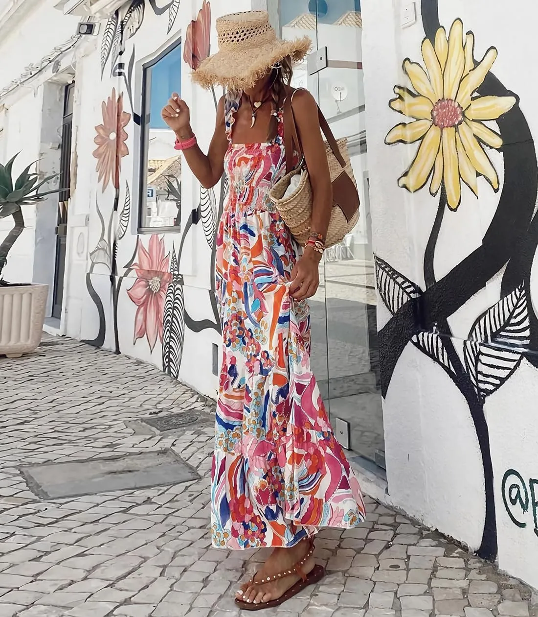 Women's Summer Boho Spaghetti Strap Square Neck Beach Sun Dress Sleeveless Floral Print Maxi Dress