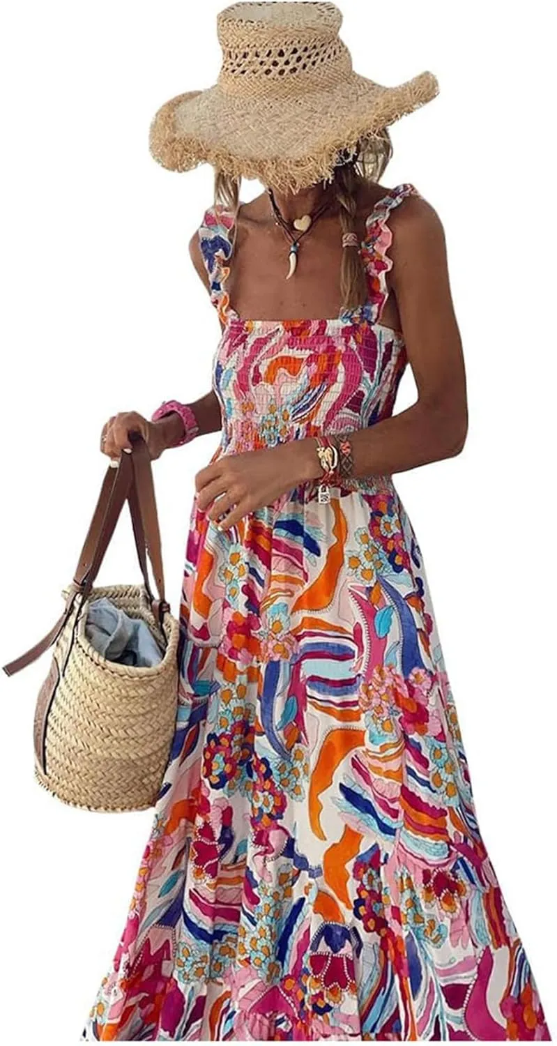 Women's Summer Boho Spaghetti Strap Square Neck Beach Sun Dress Sleeveless Floral Print Maxi Dress