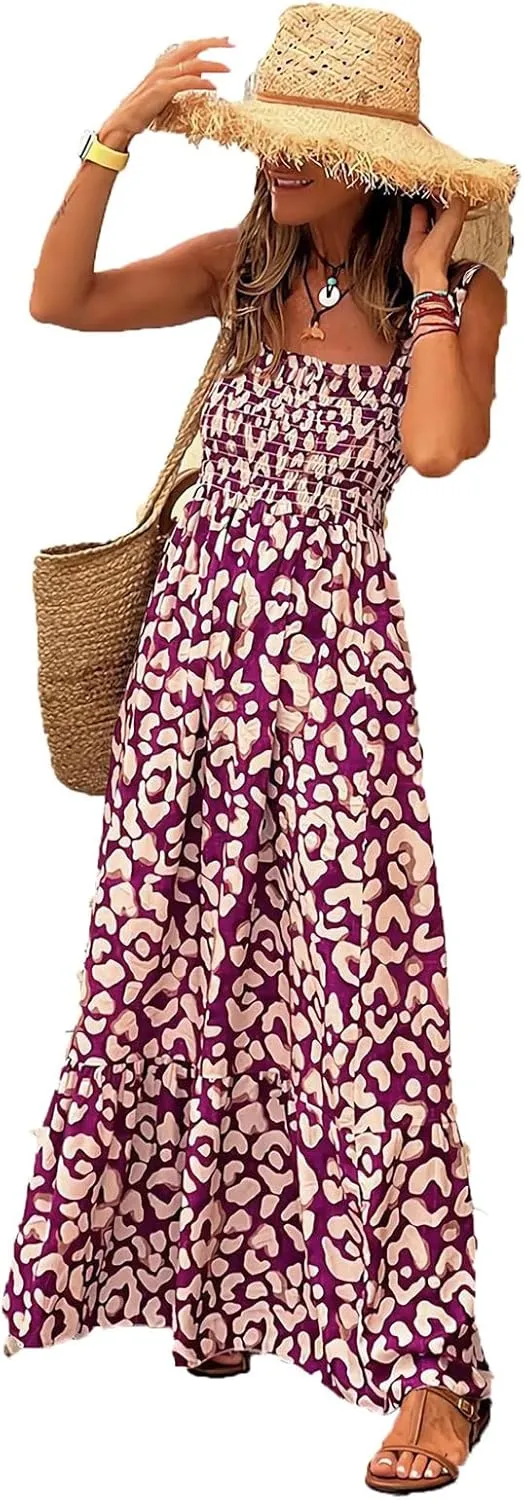 Women's Summer Boho Spaghetti Strap Square Neck Beach Sun Dress Sleeveless Floral Print Maxi Dress