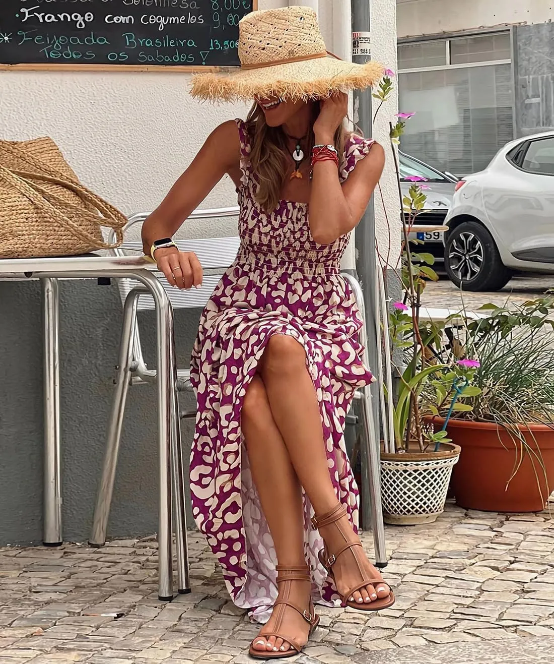 Women's Summer Boho Spaghetti Strap Square Neck Beach Sun Dress Sleeveless Floral Print Maxi Dress
