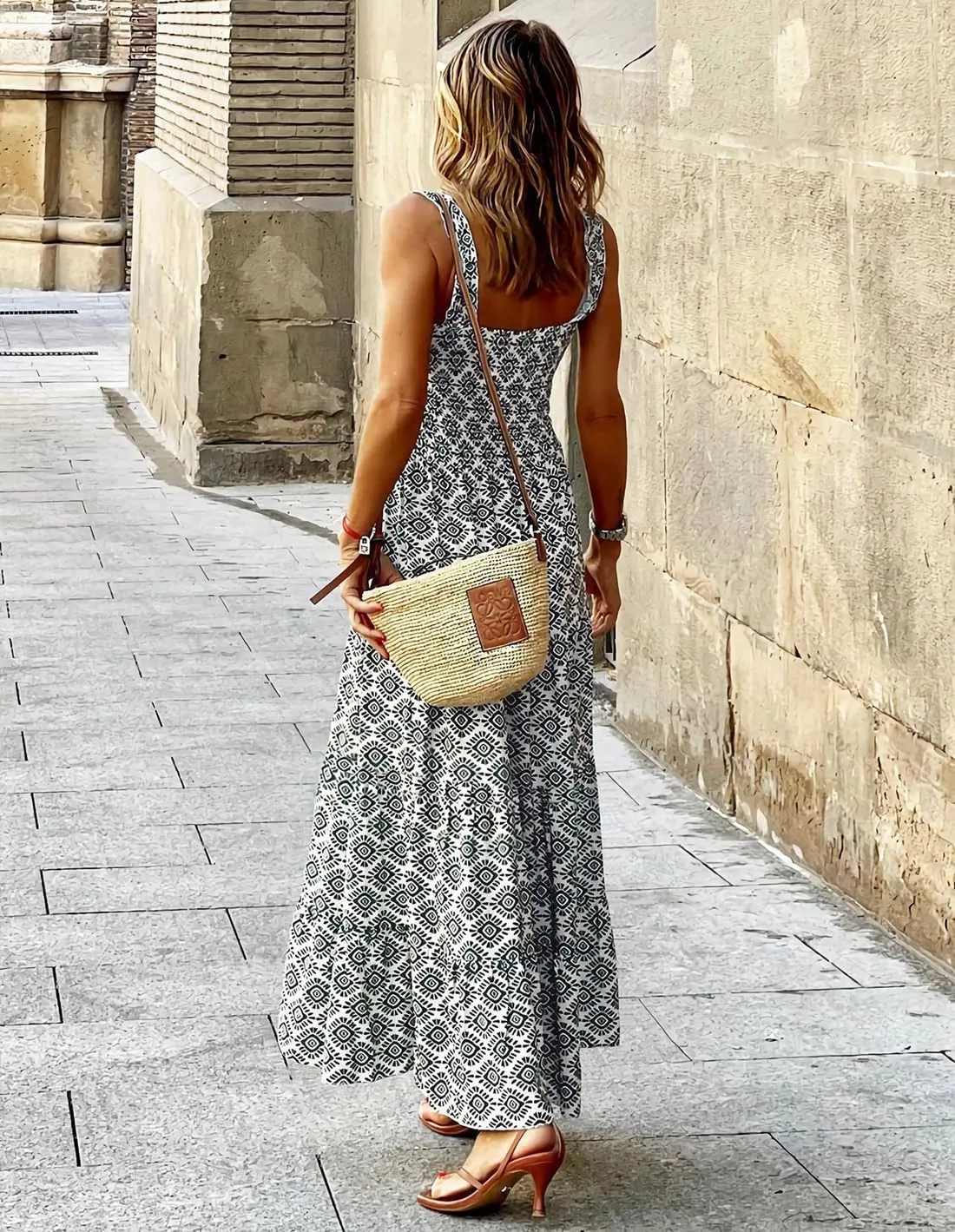 Women's Summer Boho Spaghetti Strap Square Neck Beach Sun Dress Sleeveless Floral Print Maxi Dress