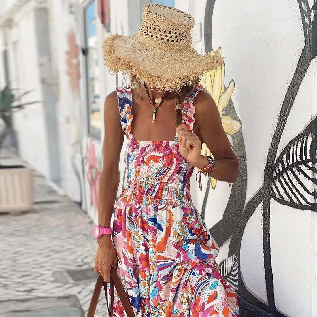 Women's Summer Boho Spaghetti Strap Square Neck Beach Sun Dress Sleeveless Floral Print Maxi Dress