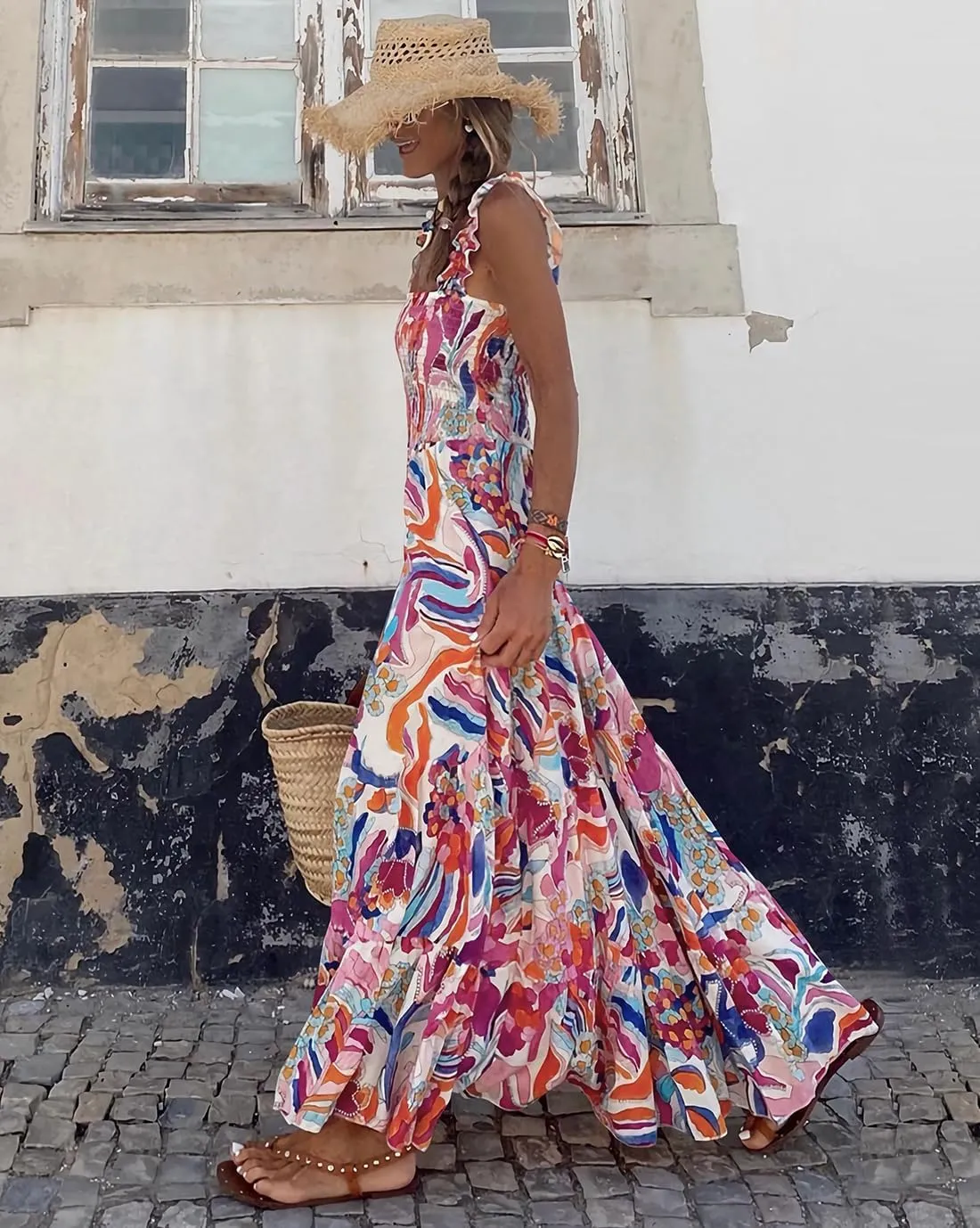 Women's Summer Boho Spaghetti Strap Square Neck Beach Sun Dress Sleeveless Floral Print Maxi Dress