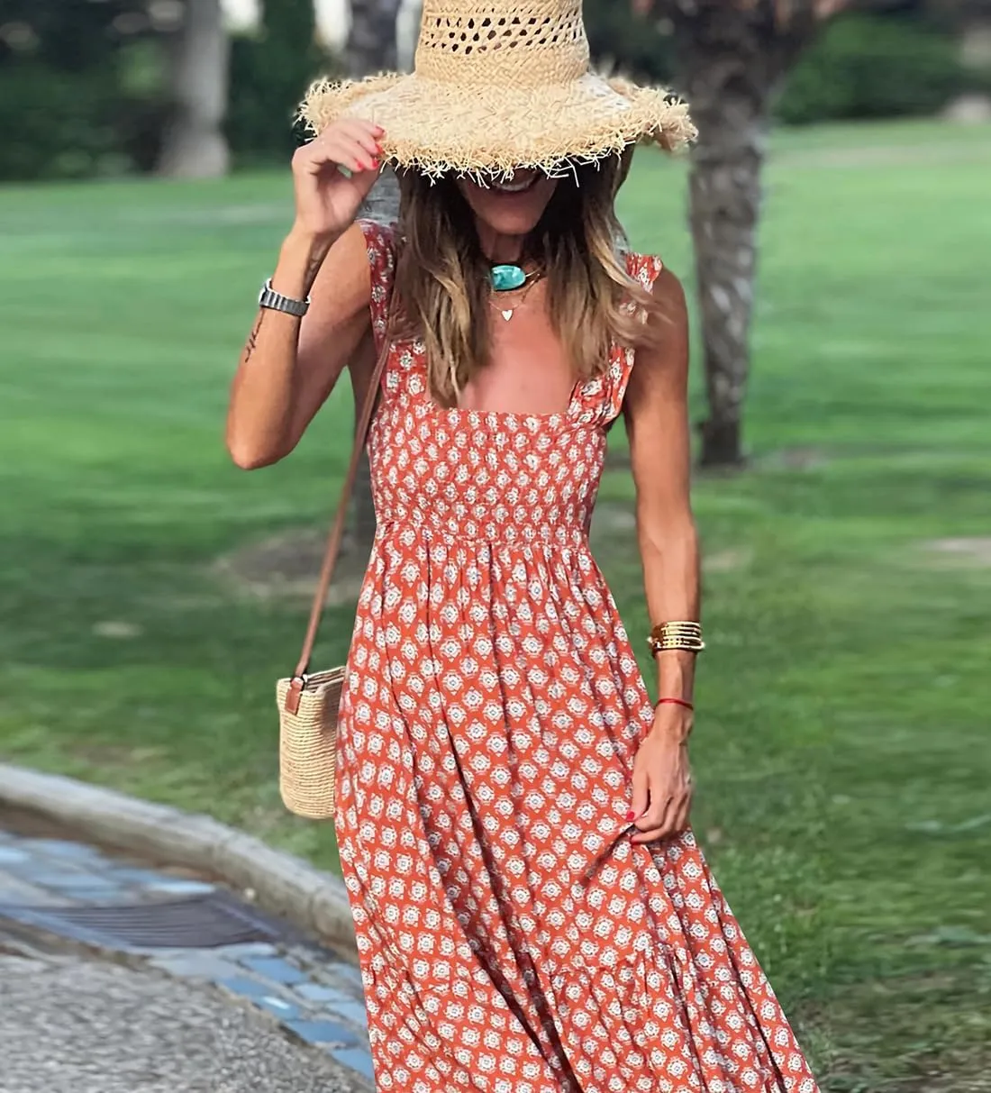 Women's Summer Boho Spaghetti Strap Square Neck Beach Sun Dress Sleeveless Floral Print Maxi Dress