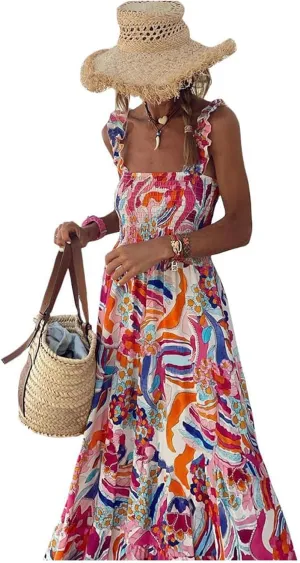 Women's Summer Boho Spaghetti Strap Square Neck Beach Sun Dress Sleeveless Floral Print Maxi Dress