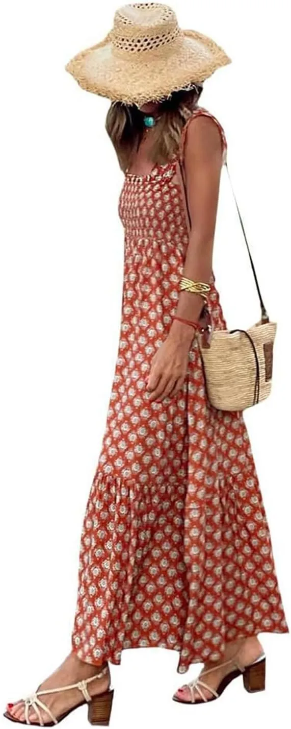 Women's Summer Boho Spaghetti Strap Square Neck Beach Sun Dress Sleeveless Floral Print Maxi Dress