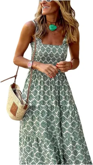 Women's Summer Boho Spaghetti Strap Square Neck Beach Sun Dress Sleeveless Floral Print Maxi Dress
