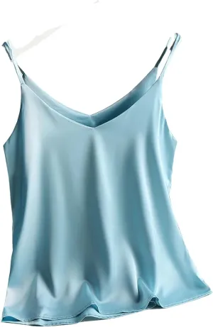Women's Summer Camisole Spaghetti Strap Top V Neck Cami Satin Silk Tank Tops