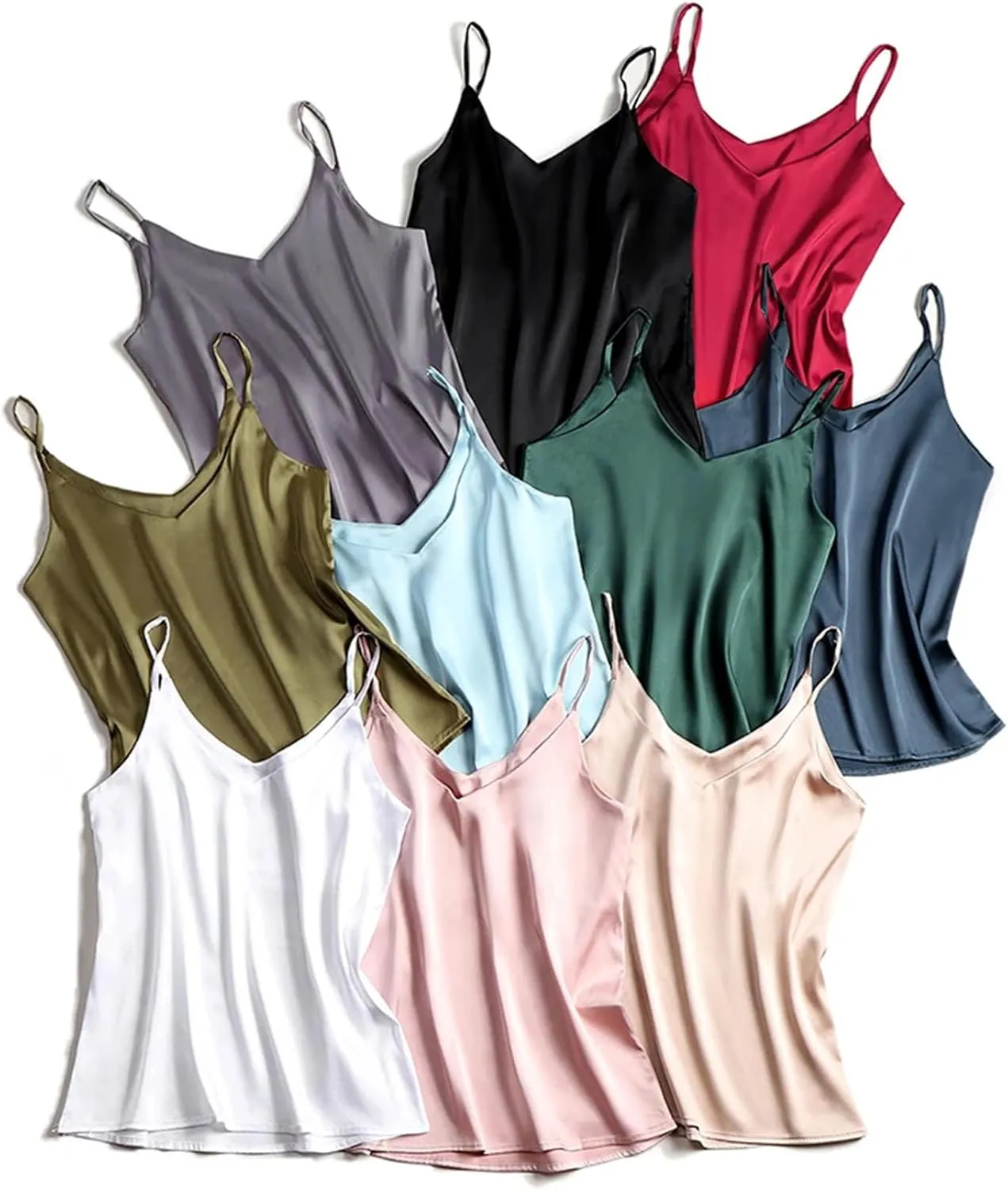 Women's Summer Camisole Spaghetti Strap Top V Neck Cami Satin Silk Tank Tops