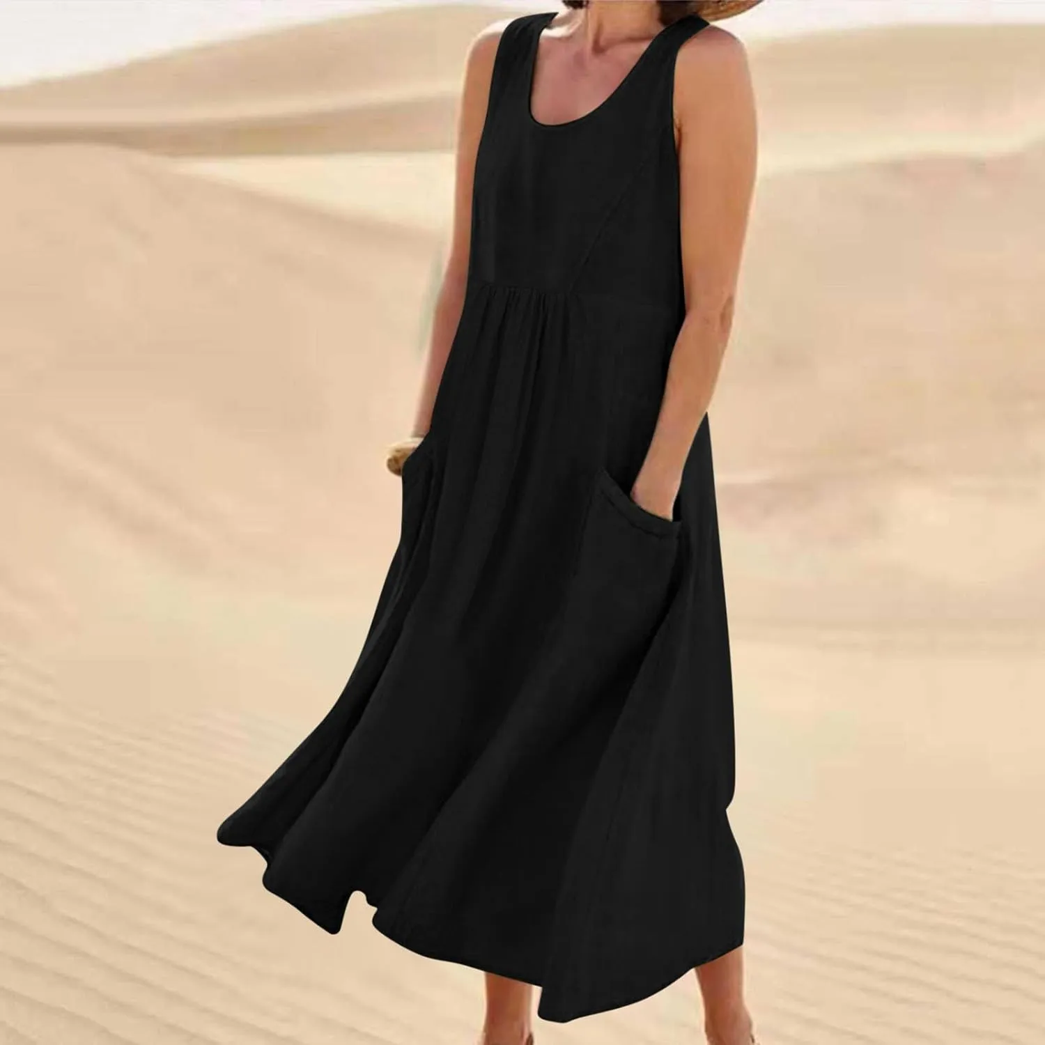 Womens Summer Casual Flowy Sleeveless Long Dress Loose Crew Neck Maxi Beach Dresses with Pockets Plus Size