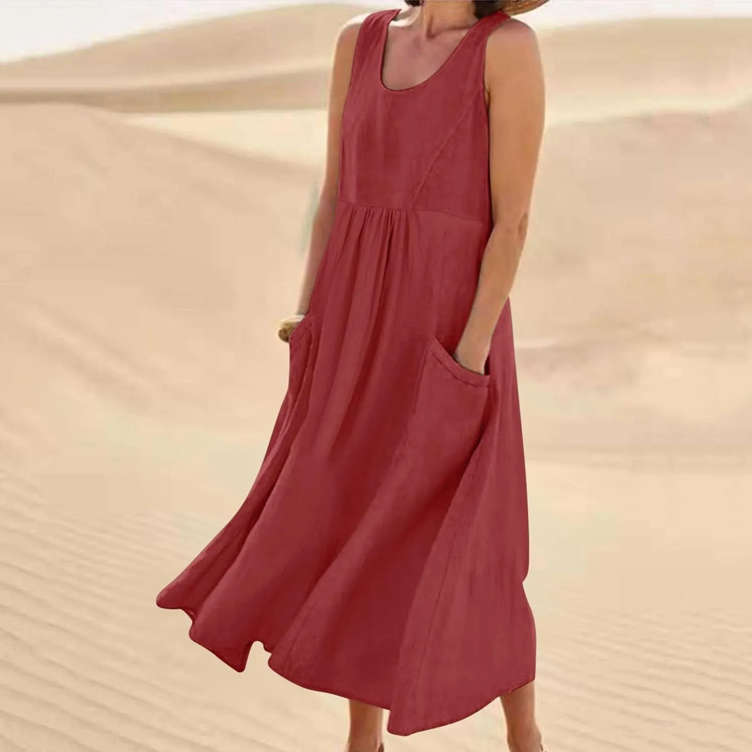 Womens Summer Casual Flowy Sleeveless Long Dress Loose Crew Neck Maxi Beach Dresses with Pockets Plus Size