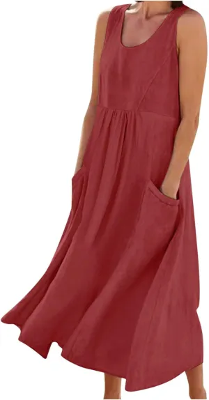Womens Summer Casual Flowy Sleeveless Long Dress Loose Crew Neck Maxi Beach Dresses with Pockets Plus Size