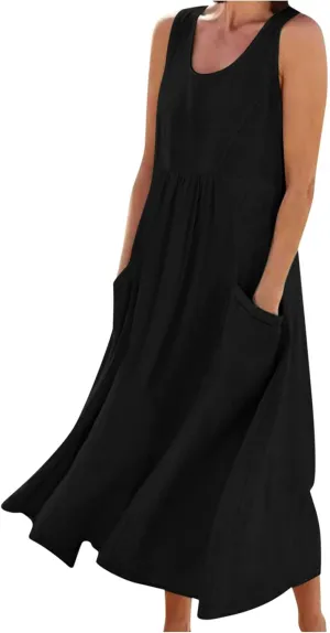 Womens Summer Casual Flowy Sleeveless Long Dress Loose Crew Neck Maxi Beach Dresses with Pockets Plus Size