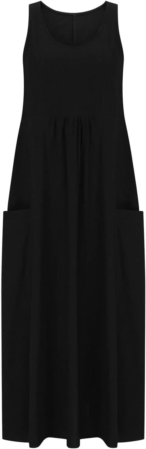 Womens Summer Casual Flowy Sleeveless Long Dress Loose Crew Neck Maxi Beach Dresses with Pockets Plus Size